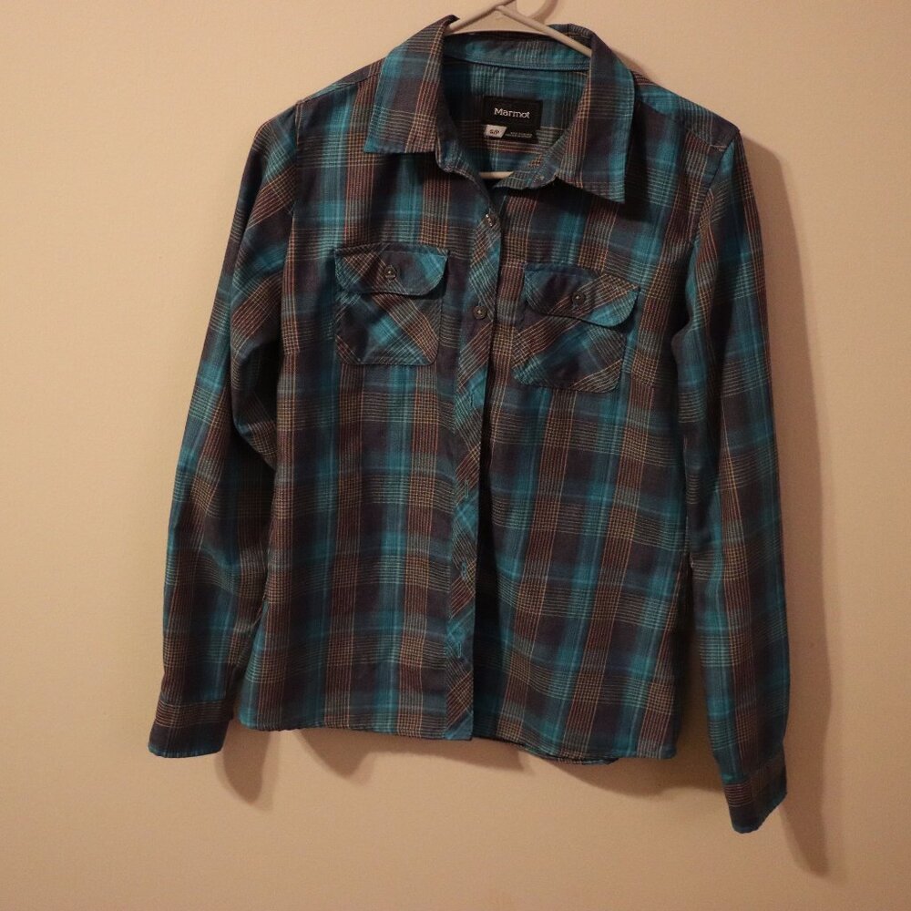 Marmot long sleeve, blue grey, light pink button up collared shirt, Small